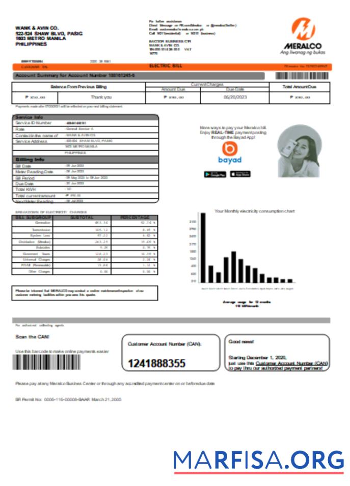 Printable Meralco Philippines electricity utility business bill, SCR1 download for verification